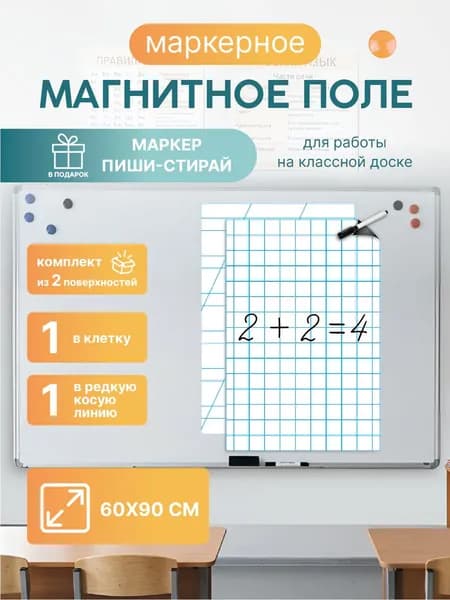 Магнитная разлиновка 60х90см для школьной доски: клетка/редкая косая линейка