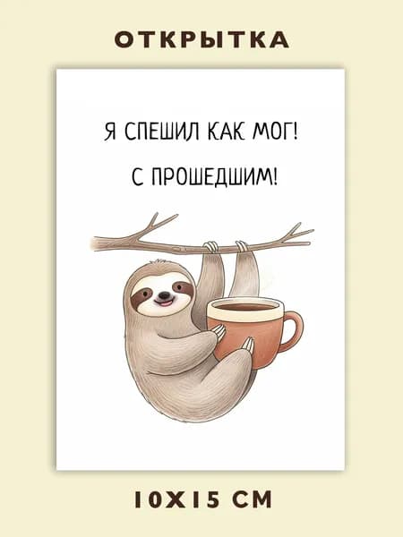 Открытка с прошедшим Днем Рождения смешная ленивец извинение / Запоздалое поздравление