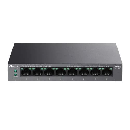 TP-LINK LS108GP, Green Tech, 8-портовый гигабитный коммутатор, PoE 62 Вт, неуправляемый, в металлическом корпусе.
