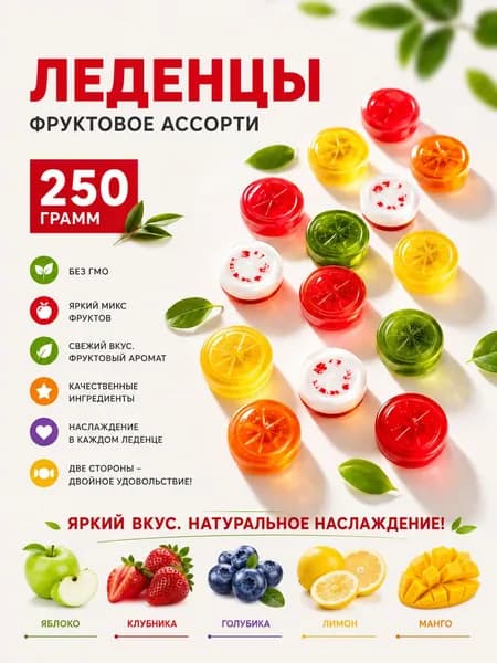 Фруктовые конфеты ассорти 250 г леденцы сладкий микс вкусов
