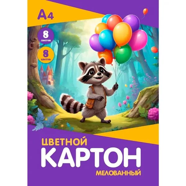 Картон цветной Енот А4, мелованный, 8 листов, 8 цветов