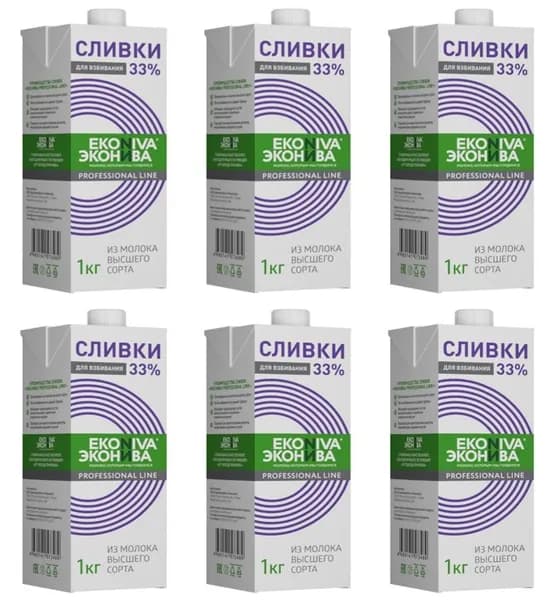 Сливки Эконива Professional Line ультрапастеризованные 33%, 6 л (1л х 6шт)