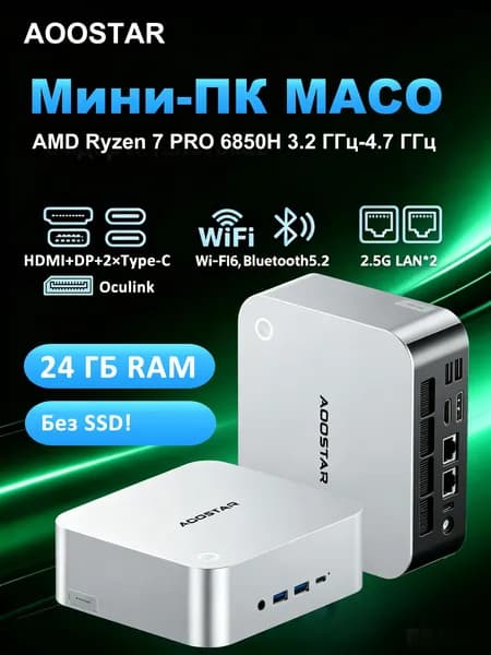 AOOSTAR Мини-ПК MACO,1*OCULINK/ 2*USB4/1*DP1.4 (AMD Ryzen 7 PRO 6850H, RAM 24 ГБ, AMD Radeon 680M, Без ОС), серебристый