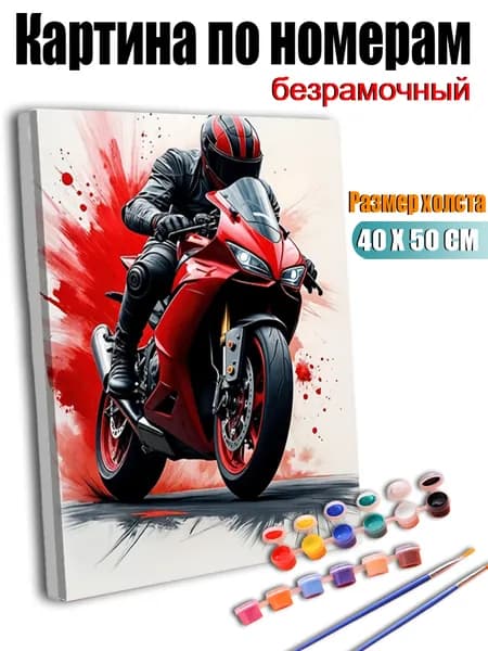 Картина по номерам, Мотоциклист за рулём красного мотоцикла, ручная роспись антистресс, 40х50 см без подрамника, современный декор для дома