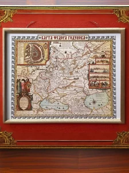 Карта Ф.Годунова Русь и Тартария 1525г историческая репродукция (50х30) с декоративными отвесными багетами "слоновая кость"