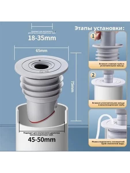 Клапан обратный для канализации, антифлуидный с магнитной защитой от запаха, труб 35-75 мм, ванной и кухни