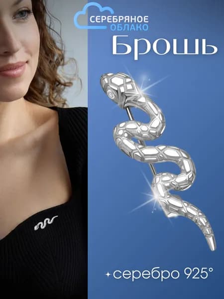 Серебряная брошь Змея, серебро 925 пробы