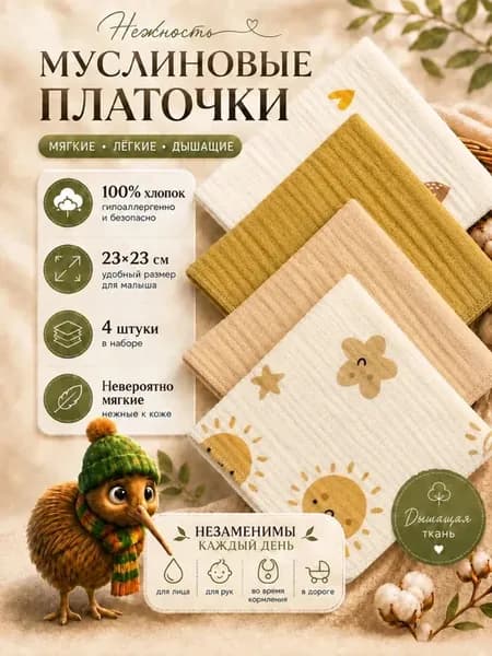 Муслиновые платочки детские носовые 100% хлопок
