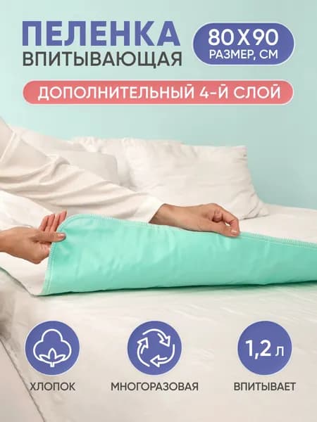 Многоразовая впитывающая пеленка BESIDE волны 80x90 см, хлопок полиэстер ПВХ, бело-зеленая, клеенка подкладная водонепроницаемая непромокаемая для детей новорожденных взрослых животных бисайд