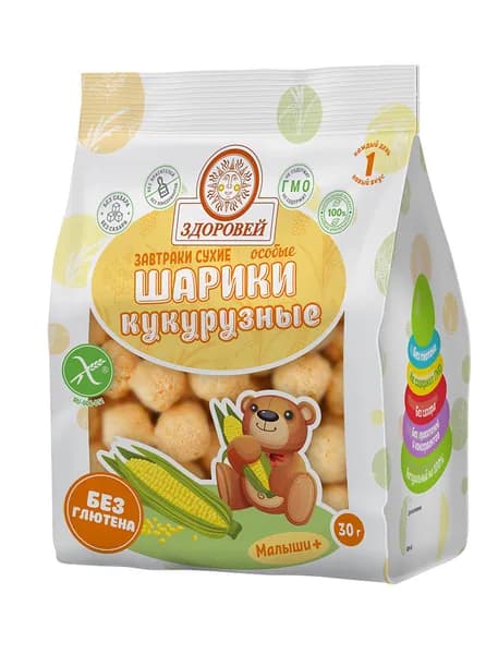 Здоровей Шарики Кукурузные, богаты витаминами, клетчаткой и полезными злаками, без сахара, без глютена, 30 г.