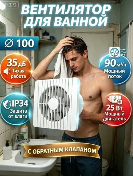вытяжка для ванной,бесшумный, монтаж без сверления, для ванной и туалета, защита от влаги IPX4 25 Вт, 82 м/ч