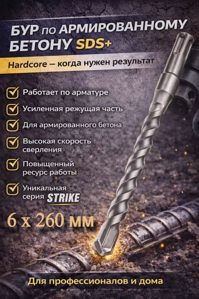 Бур SDS-plus по бетону 6х260 мм Hardcore Strike