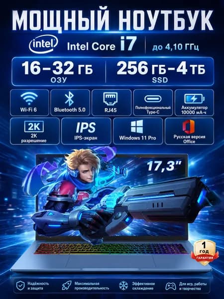 Игровой ноутбук 17.3", Intel Core i7-1068NG7, RAM 16 ГБ, SSD 128 ГБ, Intel Iris Plus Graphics, Windows Pro, лазурный, светло-синий, Русская раскладка