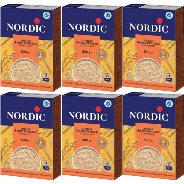 Хлопья Nordic 4 вида зерновых 500 г, набор: 6 штук