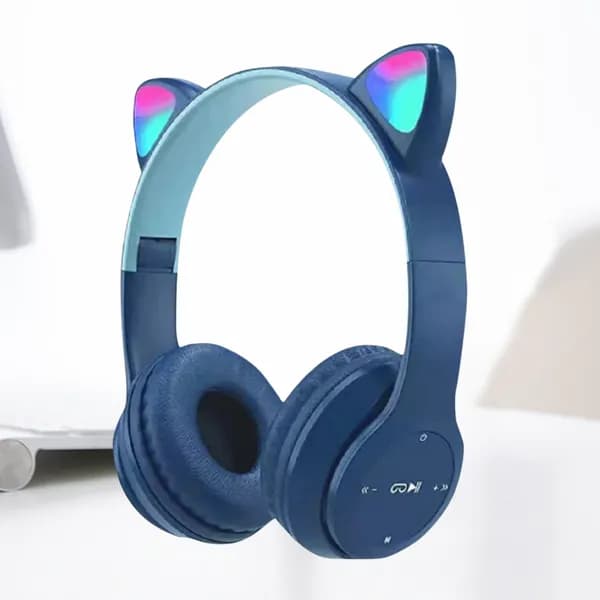 Синие Bluetooth-наушники с подсветкой в виде кошачьих ушей