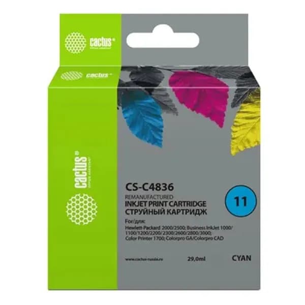 Cactus расходные материалы C4836A Картридж 11 для HP BIJ 1000 1100 1200 2200 2300 2600 2800, голубой