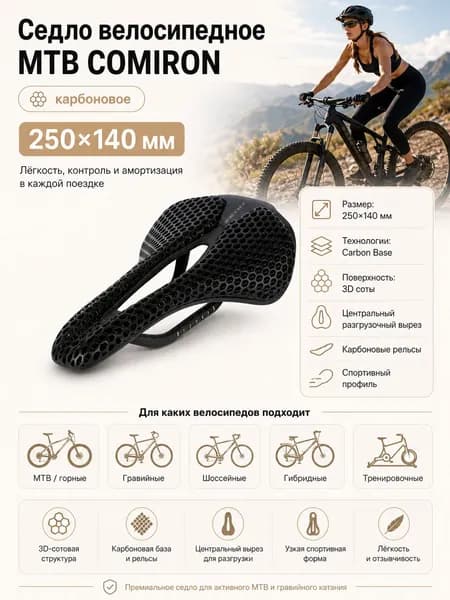 Седло велосипедное MTB карбоновое 250X140м, Технологии: Carbon Base. Вес: 140гр. Верх: 3D. чёрное