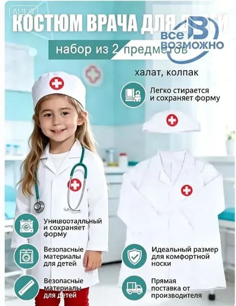 Детский карнавальный костюм врача: халат и колпак