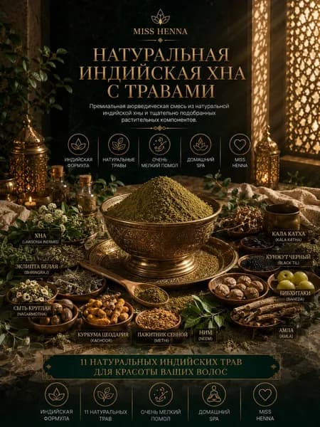 Хна натуральная индийская с аюрведическими травами для волос, мелкий помол, растительная смесь для окрашивания и ухода, Miss Henna