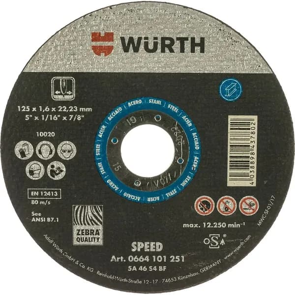 Круг отрезной по стали ST1,6X22,2XD125 (125х22.2х1.6 мм) WURTH 0664101251060 25