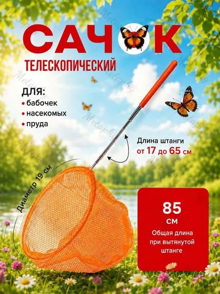 Сачок детский 37-85см раздвижной для ловли бабочек или рыбок, для насекомых, телескопический, сачок для бассейна