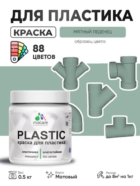 Акриловая краска для пластика Malare Plastic для пенопласта ПВХ сайдинга, для подоконников и откосов, быстросохнущая без запаха, матовая, мятный леденец, 0.5 кг