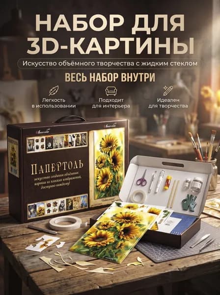 Набор папертоль "Подсолнухи" с жидким стеклом Магия Хобби, для создание объемной 3D картины