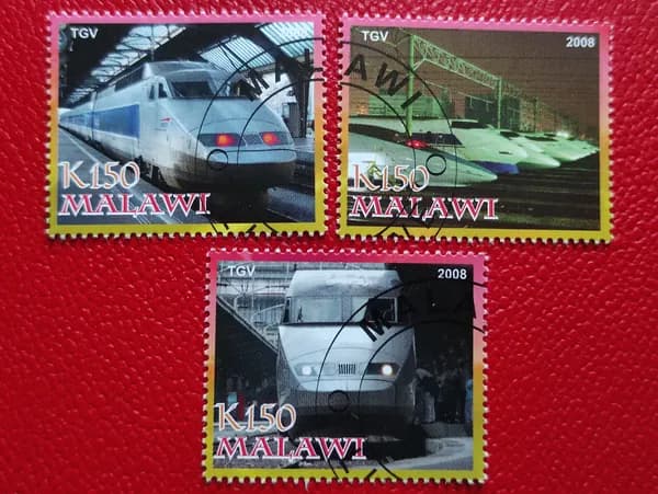 Марки Малави 2008. Транспорт/Локомотив. Серия: "TGV (сокр. фр. Train Grande Vitesse - поезд высокой скорости)". MNH. Редкость. Гашение - См фото