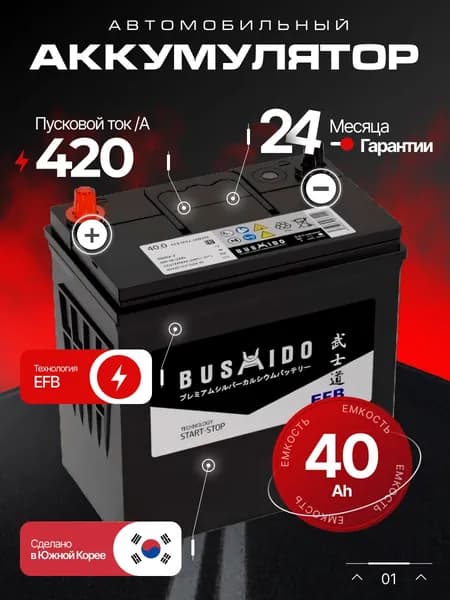 Аккумулятор автомобильный 12v 40 Ah BUSHIDO EFB 40 Ah 420 А обратная полярность 197x129x227 стартерный акб для автомобиля, машины