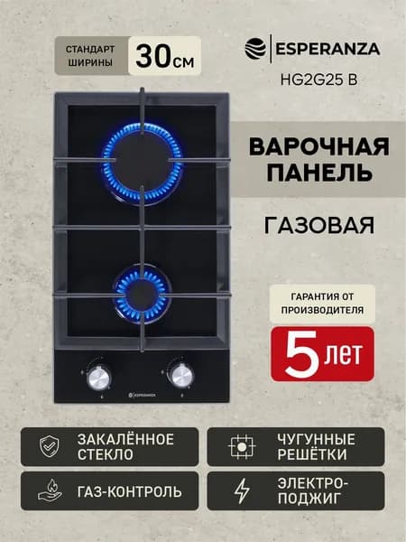 Варочная панель газовая 2 конфорки черная закаленное стекло встраиваемая ESPERANZA HG2G25 B чугунные решетки
