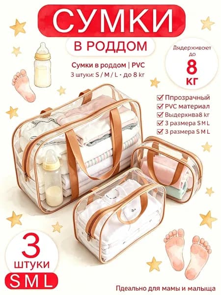 Прозрачные сумки в роддом набор 3 шт S/M/L с коричневыми ручками, водонепроницаемый органайзер для вещей мамы и новорожденного, выдерживает нагрузку до 8 кг