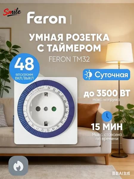 Умная розетка с таймером Feron TM32 23203, мощность 3500W, для автоматизации дома и офиса