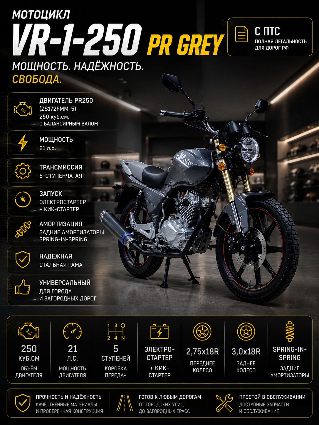 Мотоцикл VR-1-250 PR GREY с ПТС
