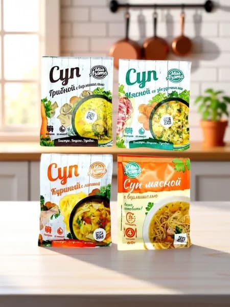 Набор супов ( мясной с вермишелью, мясной со звездочками, куриный, грибной) Мисс Арома 4шт по 60г