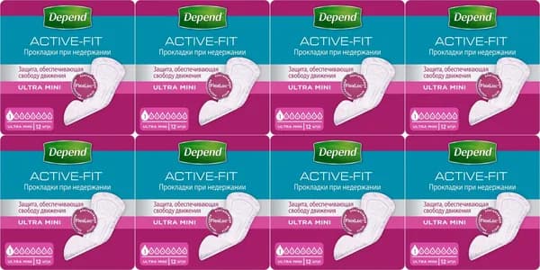Урологические прокладки Depend Ultra Mini, комплект: 8 упаковок по 12 шт