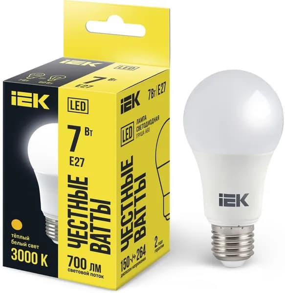 IEK Лампочка, Цоколь:E27, 7 Вт, Светодиодная, 1 шт.