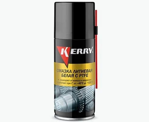 Смазка KERRY литиевая белая с PTFE. Для цепей мотоциклов и велосипедов, дверных петель, подшипников и других мото механизмов, водостойкая, аэрозоль, 210 мл