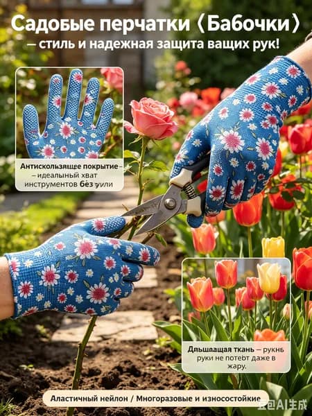 Перчатки садовые женские, нейлоновые рабочие перчатки с цветочным принтом, универсальная защита рук для дачи сада и огорода, 1 пара.