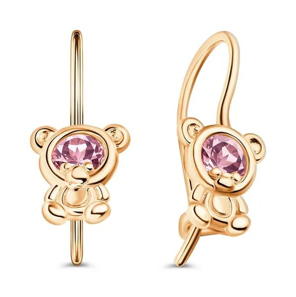 Серьги Мишка детские с фианитами из красного золота 585 пробы 585GOLD