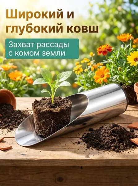 Совок садовый 18 см ширина 8 см нержавеющая сталь без черенка светло-серый