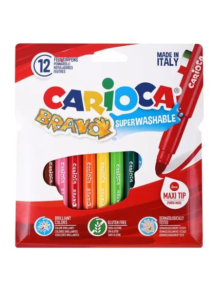 Фломастеры утолщенные Carioca (Италия) Bravo, 12 цветов, суперсмываемые