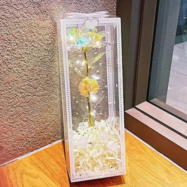 Подарочный ящик + трава Рафи + световой лента LED - яркая белая роза 1 шт