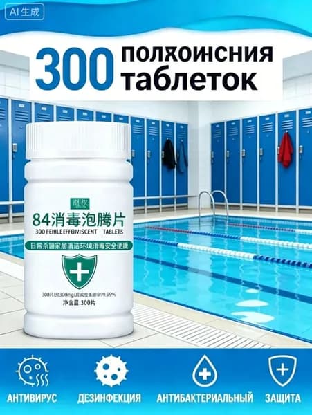 300 штук дезинфицирующего средства для плавательного бассейна. Он используется для чистки плавательных бассейнов, предметов первой необходимости, очистки и дезинфекции ванных комнат
