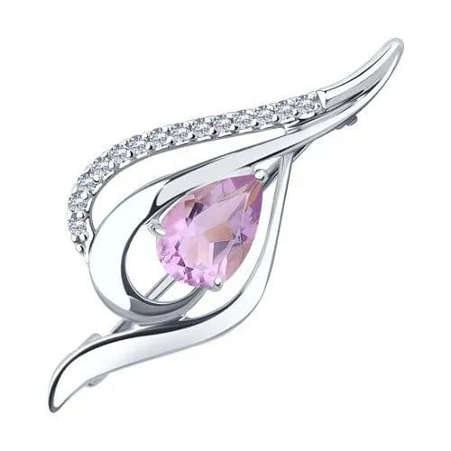Брошь из серебра 925 пробы с аметистами и фианитами / размер 34*15 мм