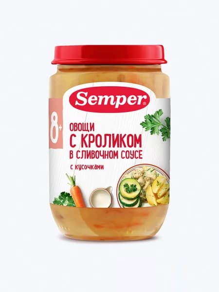 Пюре с кусочками детское Semper с 8 месяцев, готовое блюдо Овощи с кроликом в сливочном соусе, 190 г