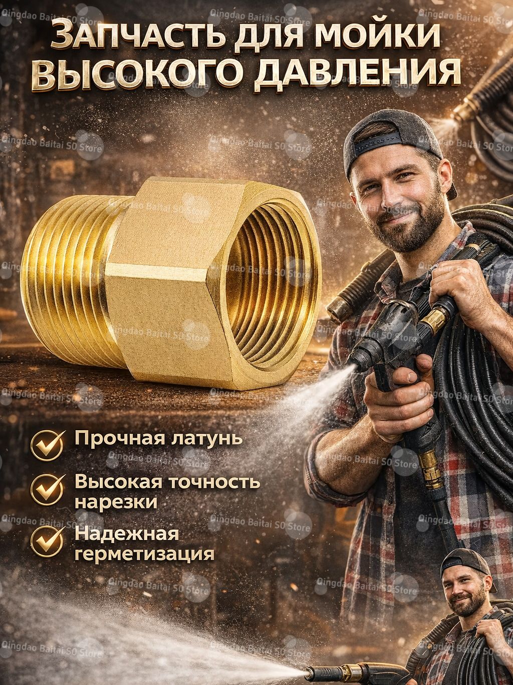 Адаптер M22 15мм Female на M22 14мм Male, латунный соединитель для мойки высокого давления, до 4500 PSI, переходник для пистолета и шланга