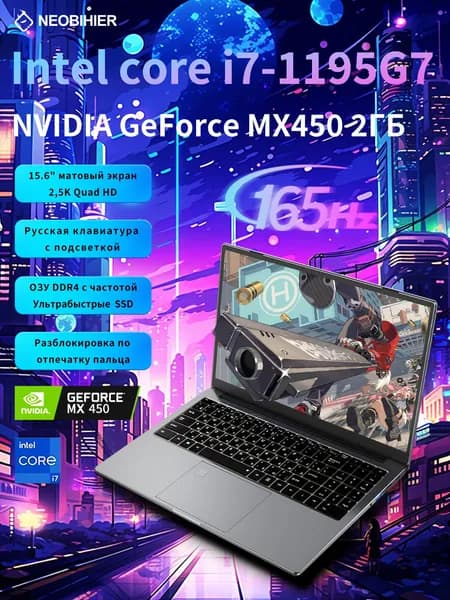 Neobihier 1195G7 Игровой ноутбук 15.6", Intel Core i7-1195G7, RAM 16 ГБ, SSD 256 ГБ, NVIDIA GeForce MX450 (2 ГБ), Windows Pro, серый, Русская раскладка