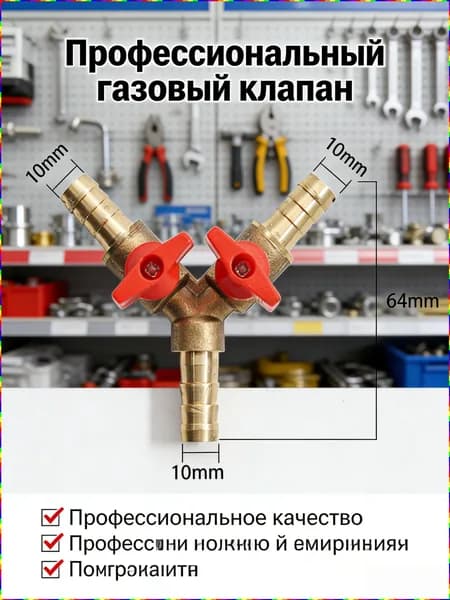 Тройник газовый латунный с краном и штуцерами для подключения гибкого шланга к газовой плите, котлу или баллону