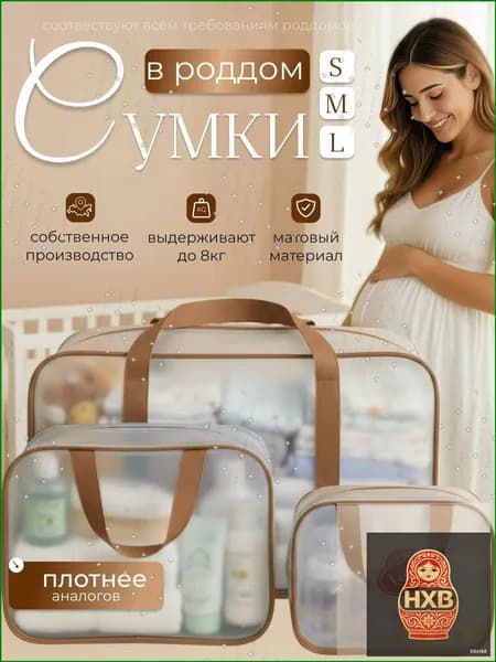 Сумки в роддом набор 3 шт, прозрачные, матовые, размеры S M L-