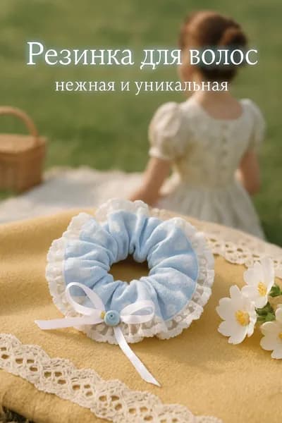 Резинка для волос бантик голубая с цветочком